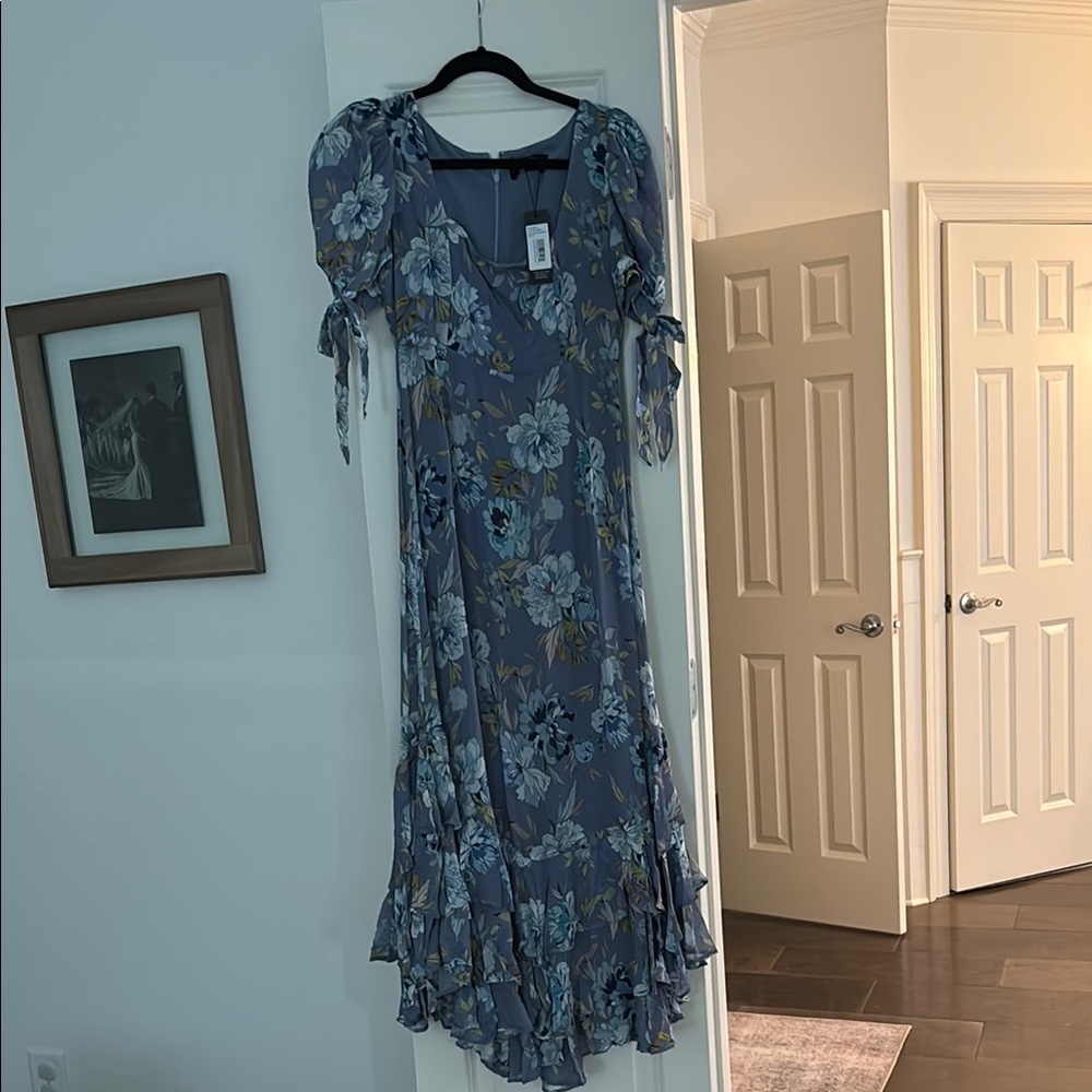 Yumi Kim Blue Ruffled Tiered Midi Dress for Wedding Guest
